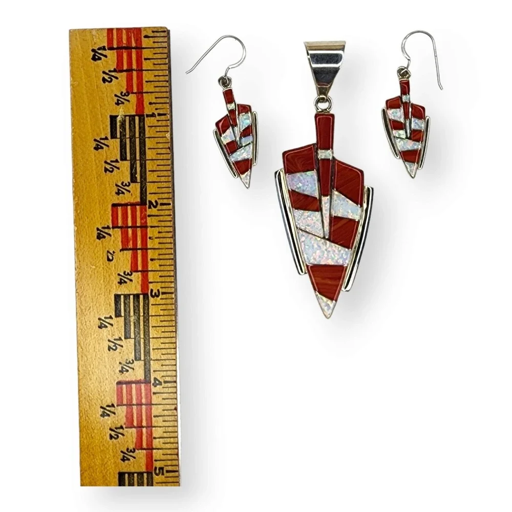 Southwestern Sterling Silver 925 Synthetic Opal Spiny Oyster Pendant Earring Set